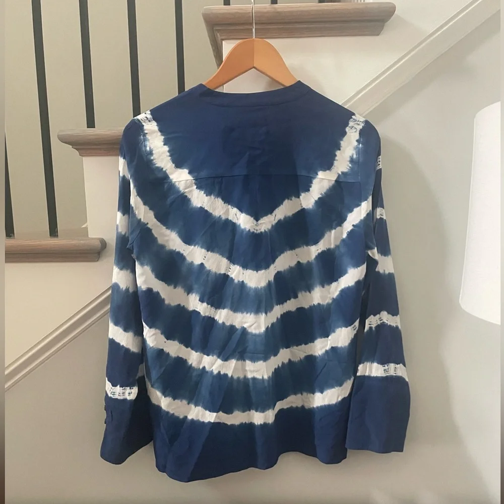 J.Crew 100% Silk Tie Dyed Shibori LS Tunic Popover Blue - Sz Small